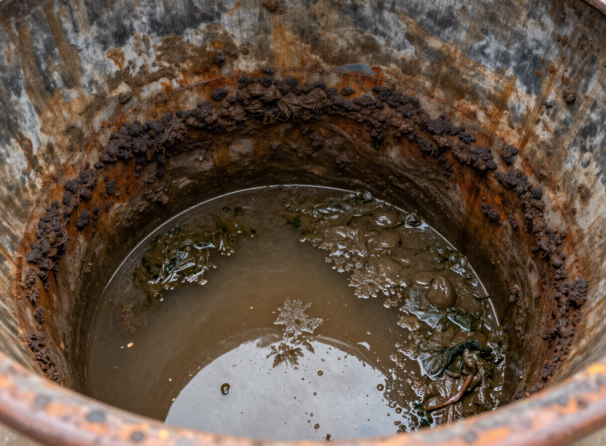 Dirty water tank with mud, rust and algae before cleaning